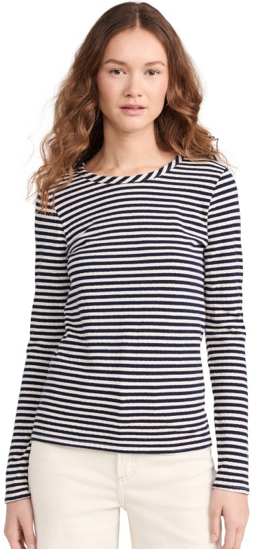 perfectwhitetee Dylan Long Sleeve Crew Tee Navy Stripe