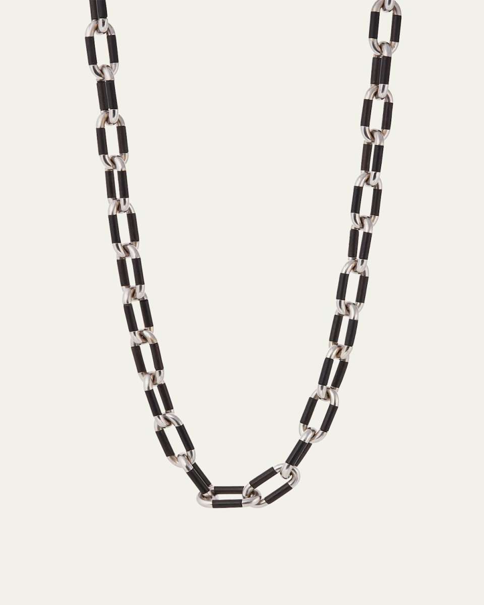 18K White Gold and Black Ebony Oval Link Necklace, 28"L