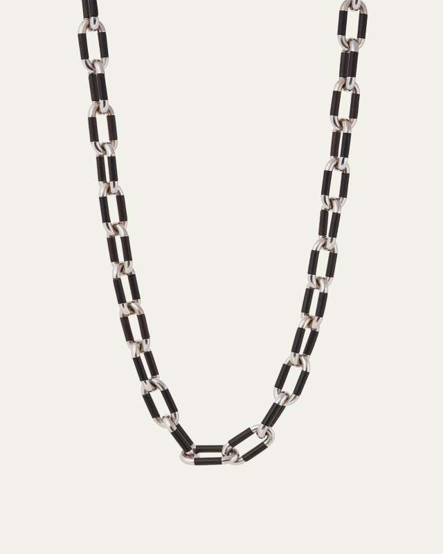 18K White Gold and Black Ebony Oval Link Necklace, 28"L