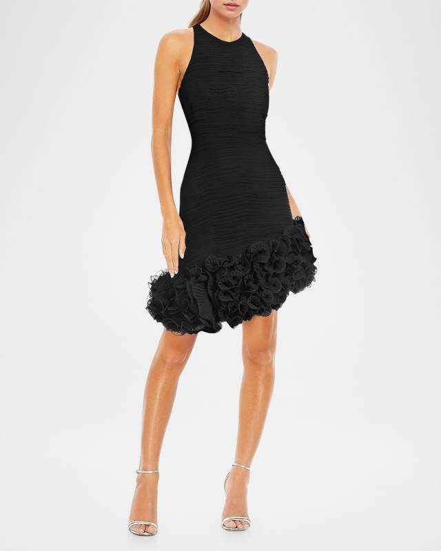 Ruched Ruffle-Hem Chiffon Mini Dress