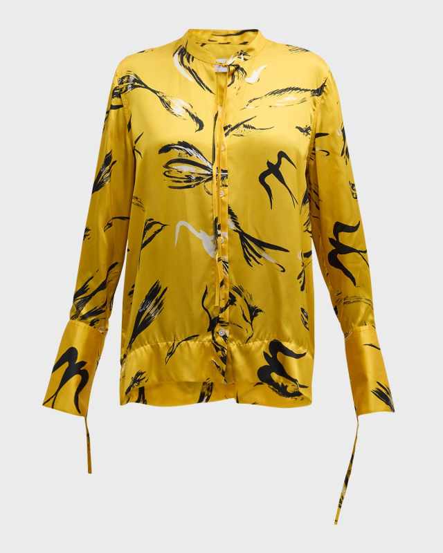 Painted Birds Button Down Silk Blouse