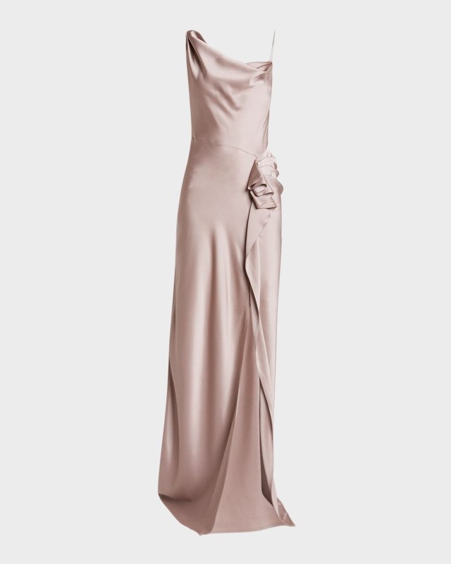 Deyon Draped One-Shoulder Gown with Ruffle Detail