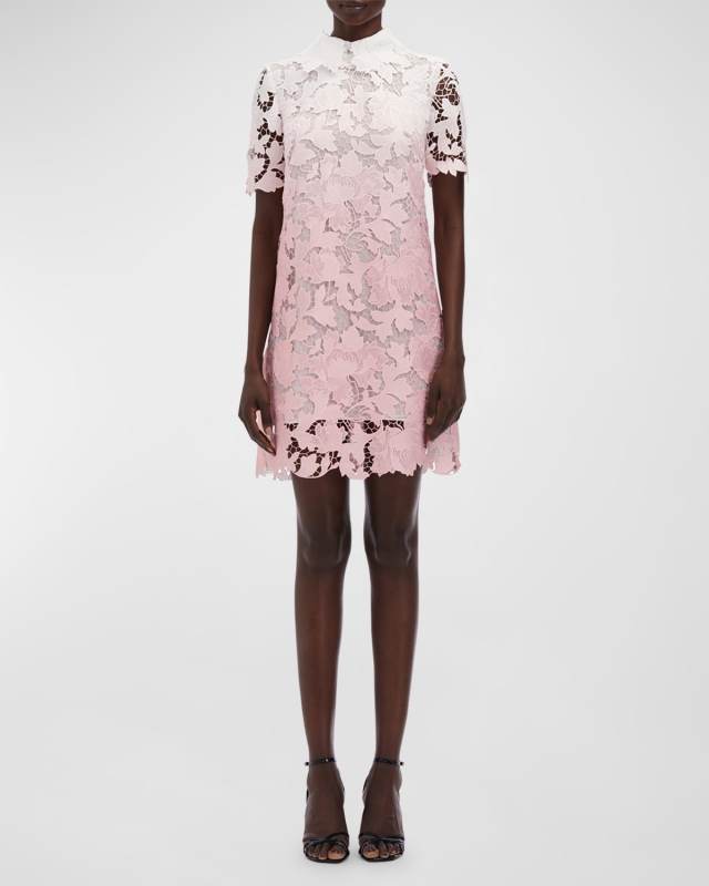 Short-Sleeve Ombre Peony Guipure Mini Shift Dress