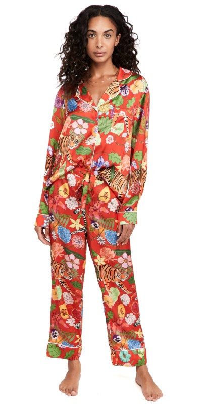 Karen Mabon Tiger Bouquet Long Pajama Set Crimson
