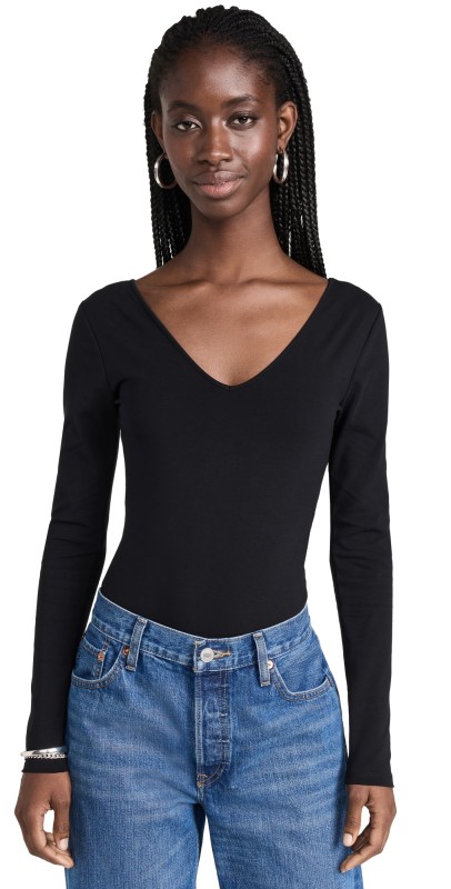 RE/DONE V Neckong Sleeve Thong Bodysuit Black