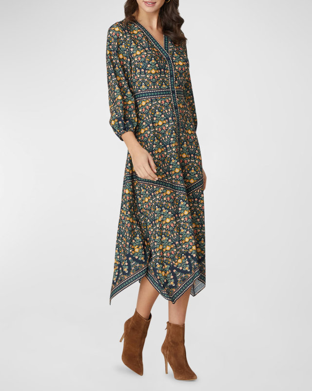 Risa Floral-Print Handkerchief Midi Dress