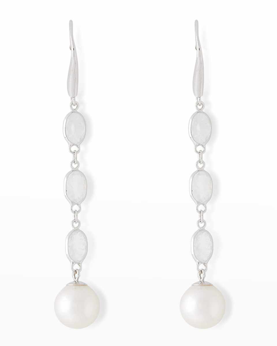 18K White Gold Oval Moonstone and 8mm Akoya Pearl Drop Earrings