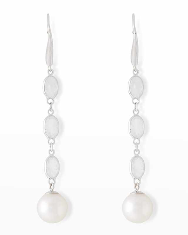 18K White Gold Oval Moonstone and 8mm Akoya Pearl Drop Earrings