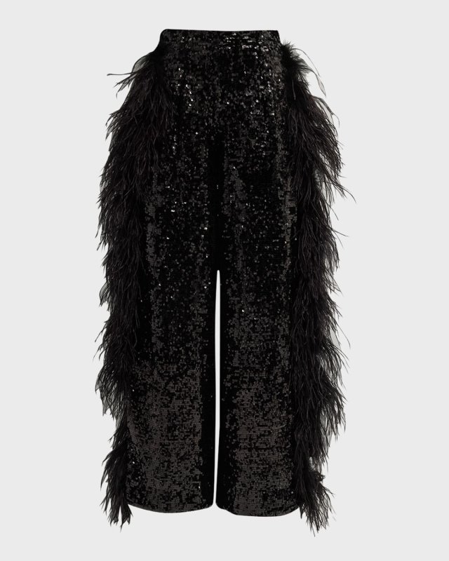 Feather Side-Stripe Sequin Relaxed Wide-Leg Trousers
