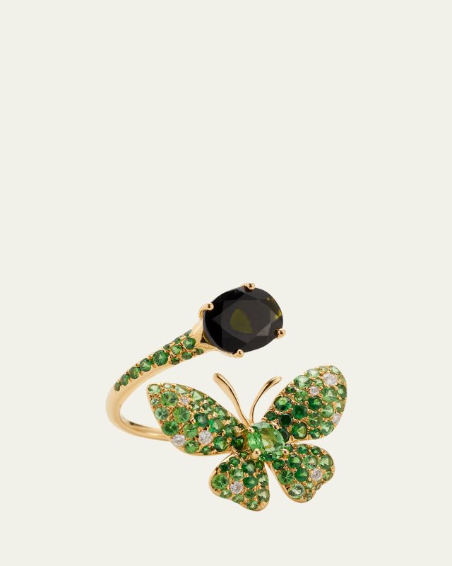 18k Yellow Gold Green Ring from Butterfly Collection, Size 6.5 and