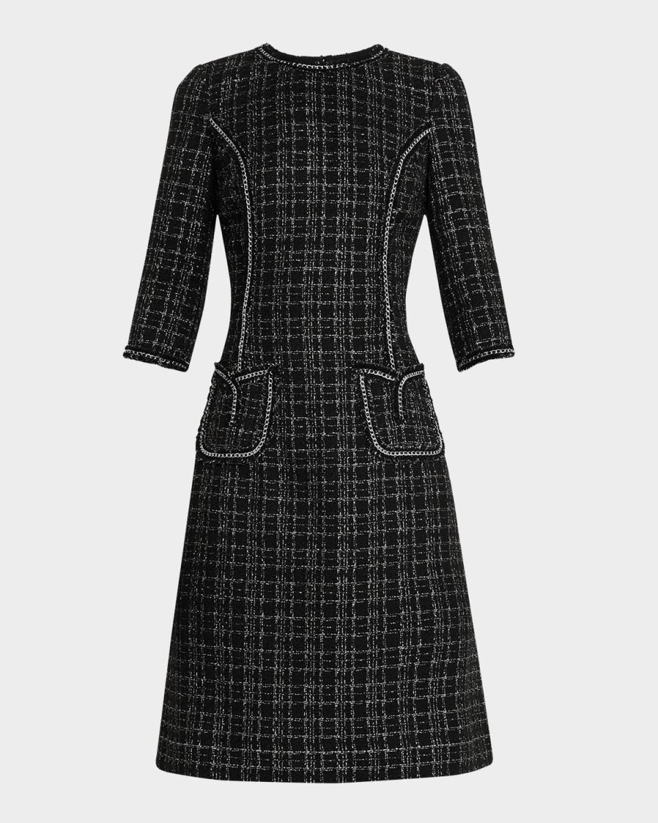 Chain-Trim Metallic Plaid Boucle Dress
