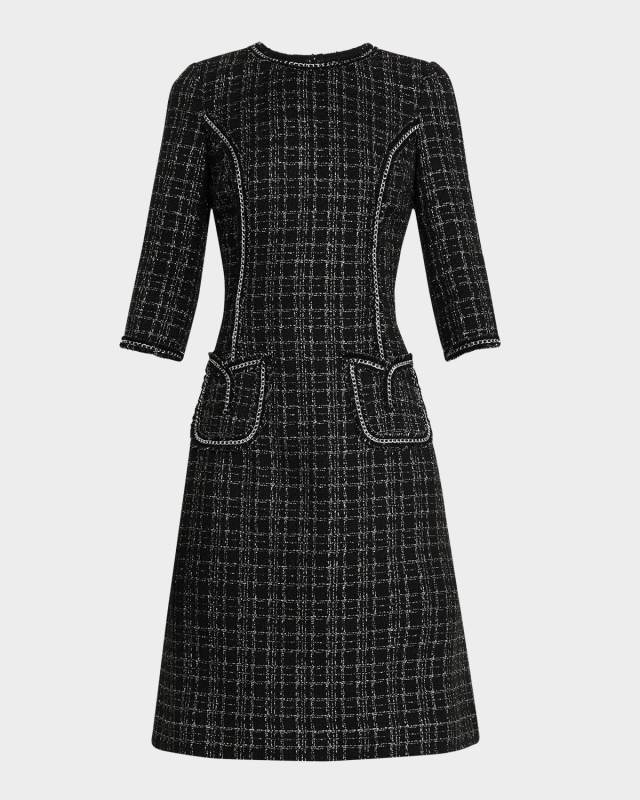 Chain-Trim Metallic Plaid Boucle Dress
