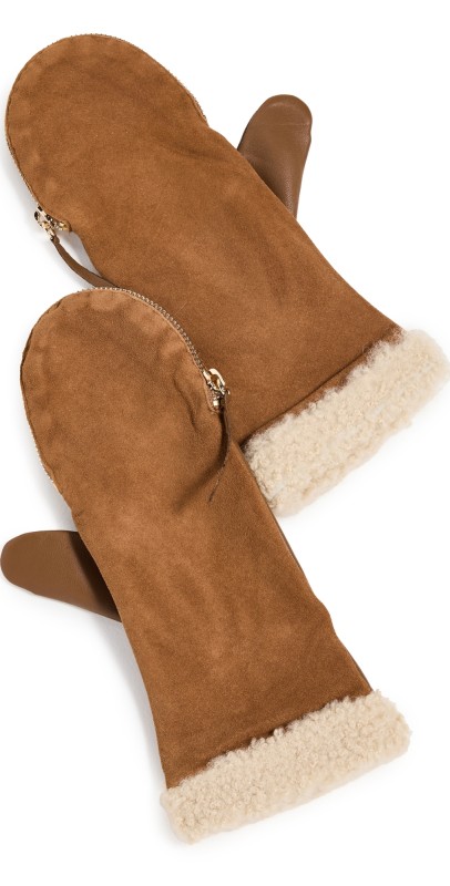 Carolina Amato Shearling Cuff Suede Back Zipper Mittens Luggage/Natural