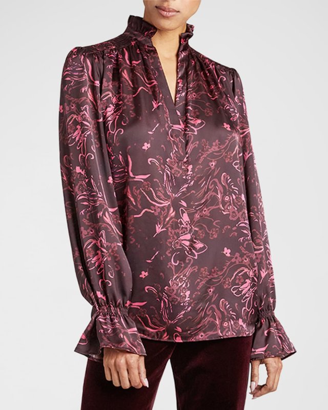 Chelsea Floral-Print Blouson-Sleeve Blouse