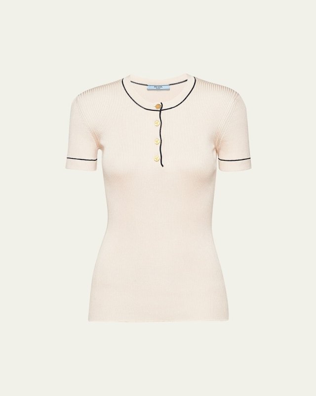Silk Knit Ribbed Shirt with Contrast Tipping