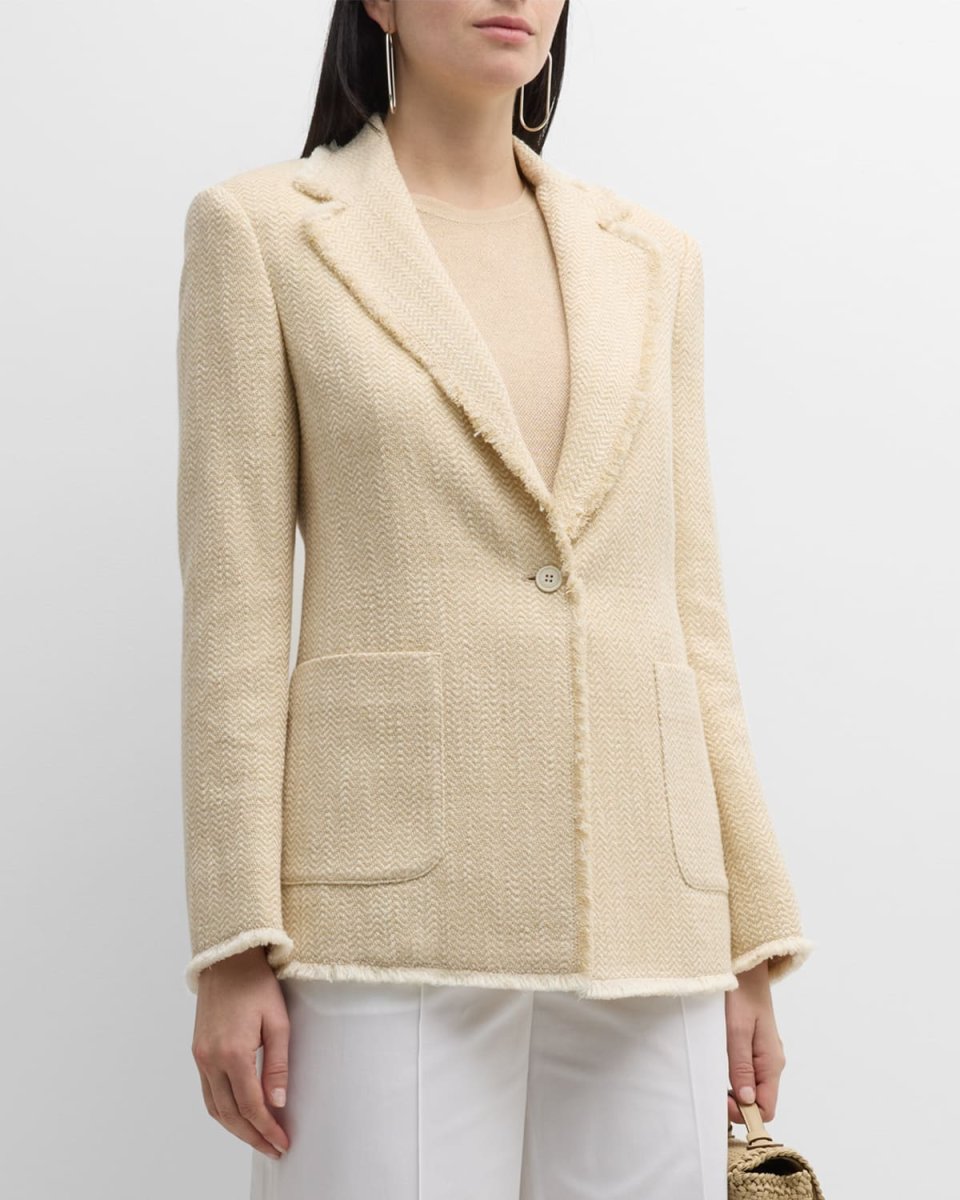 Single-Breasted Fringe-Trim Tweed Blazer