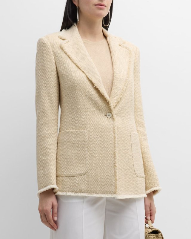 Single-Breasted Fringe-Trim Tweed Blazer