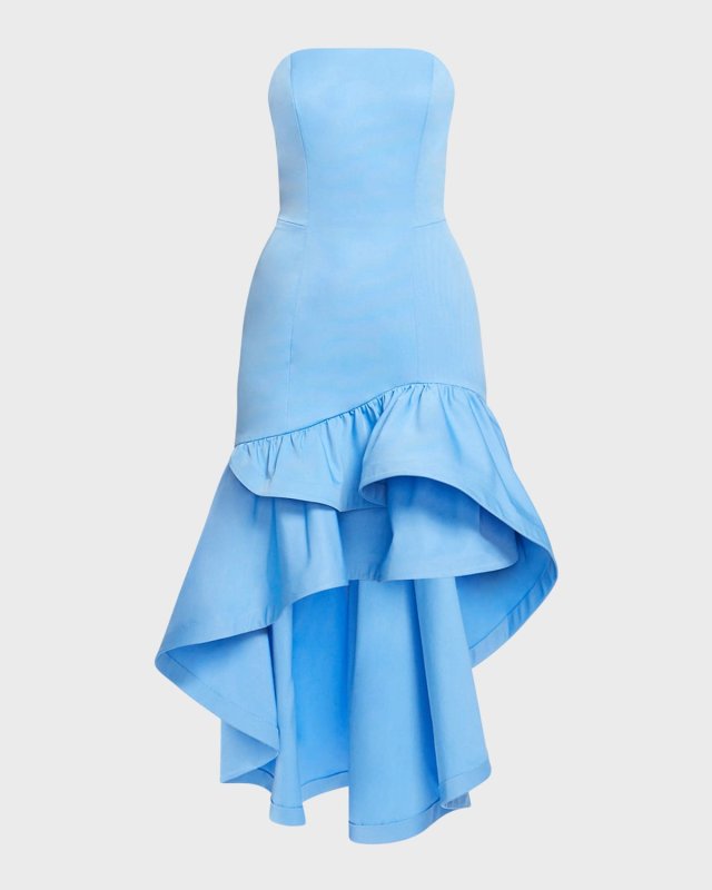 Strapless High-Low Ruffle Midi Dress