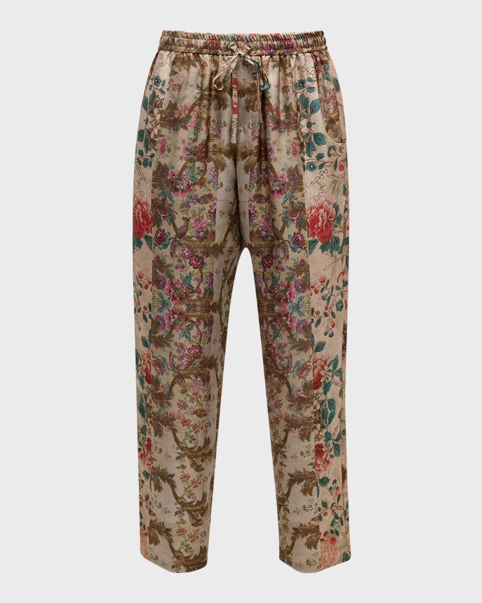 Cropped High-Rise Floral-Print Silk Pants