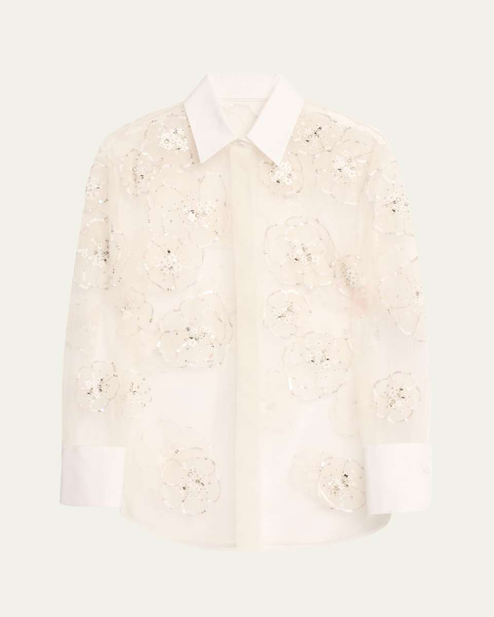 Floral Sequined Tulle Illusion Blouse