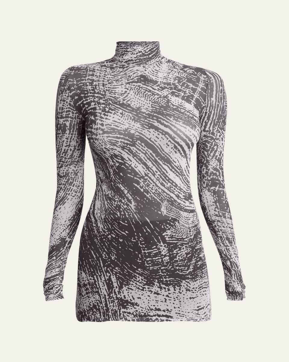 Rio Abstract-Print Tulle Jersey Turtleneck Top