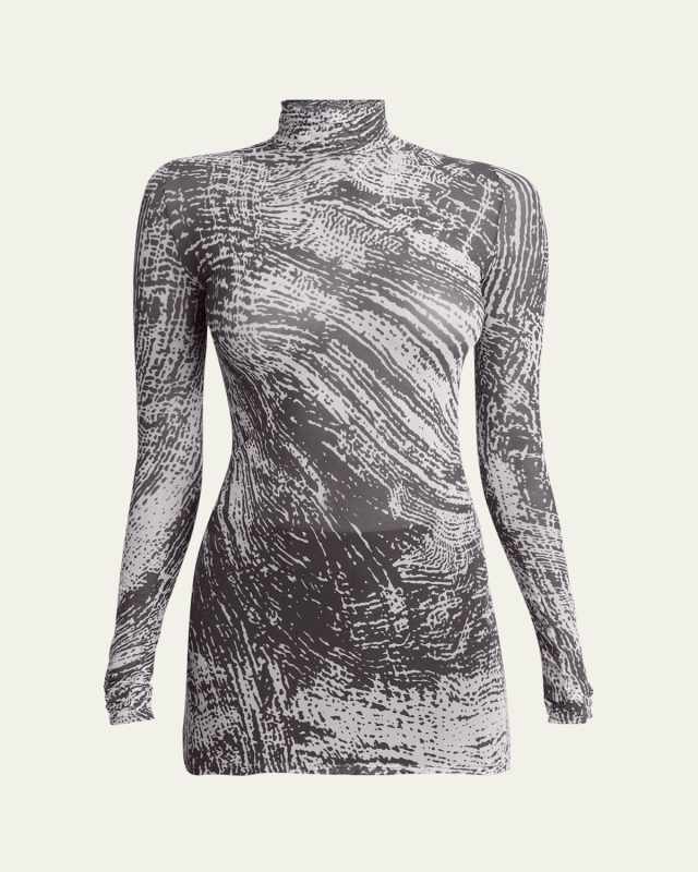 Rio Abstract-Print Tulle Jersey Turtleneck Top