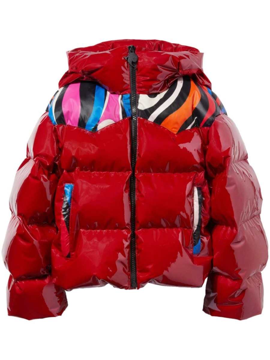 abstract-panelling hooded puffer jacket