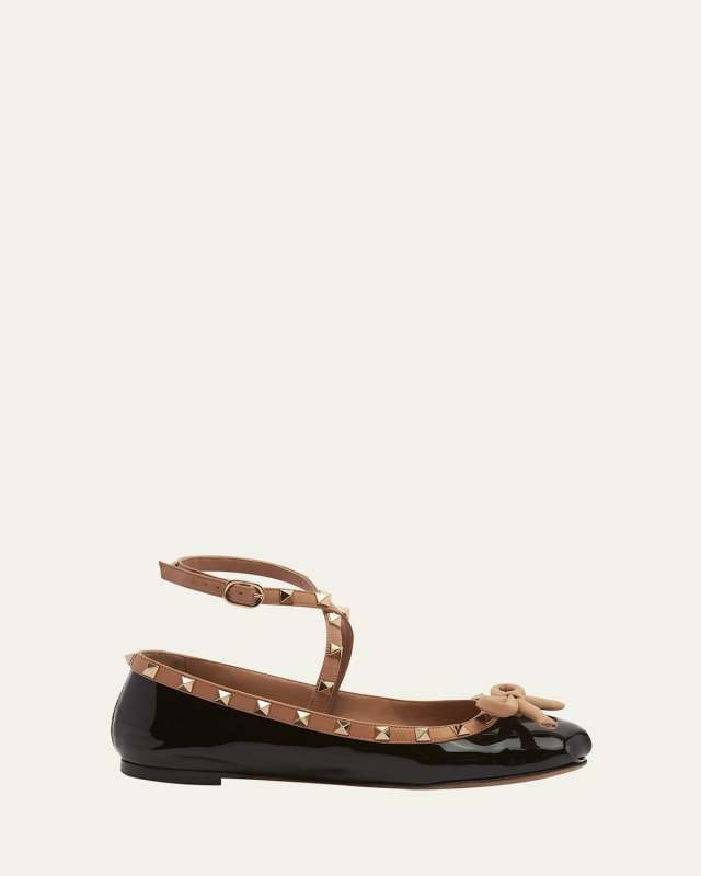 Rockstud Bicolor Ankle-Strap Ballerina Flats