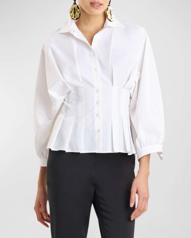 Pleated Peplum Techno Poplin Shirt
