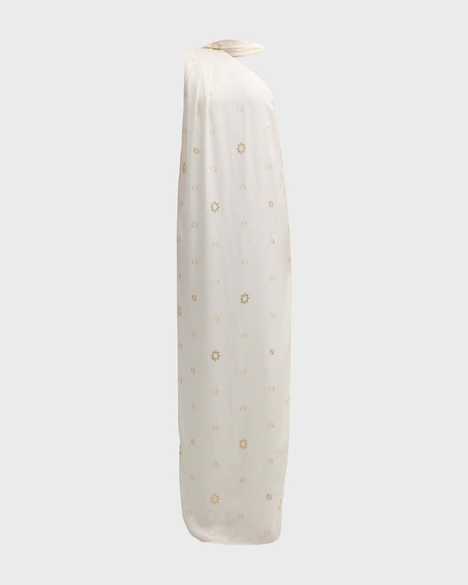 Metallic Polka-Dot Scarf-Neck One-Shoulder Maxi Dress
