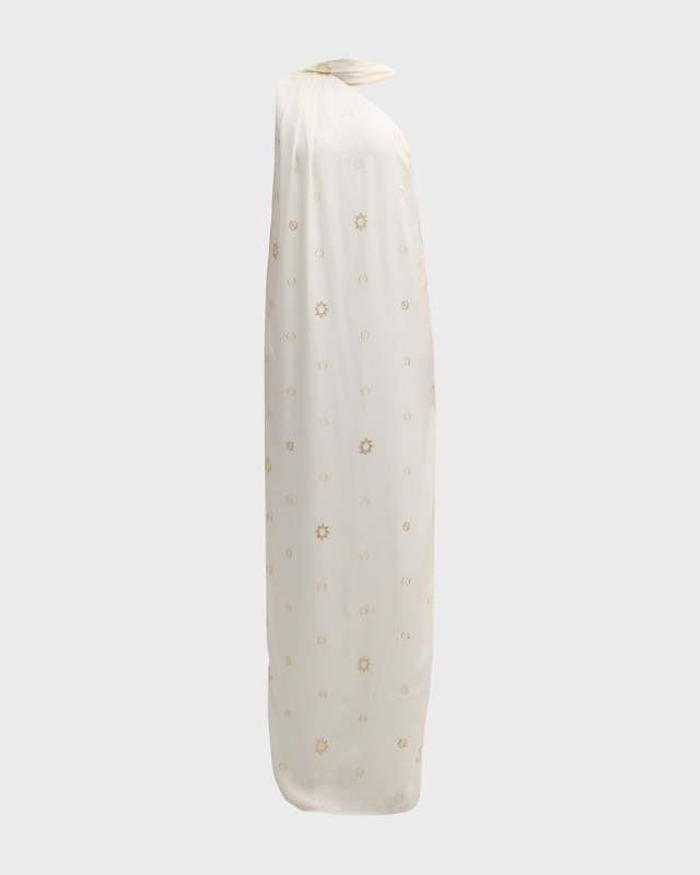 Metallic Polka-Dot Scarf-Neck One-Shoulder Maxi Dress