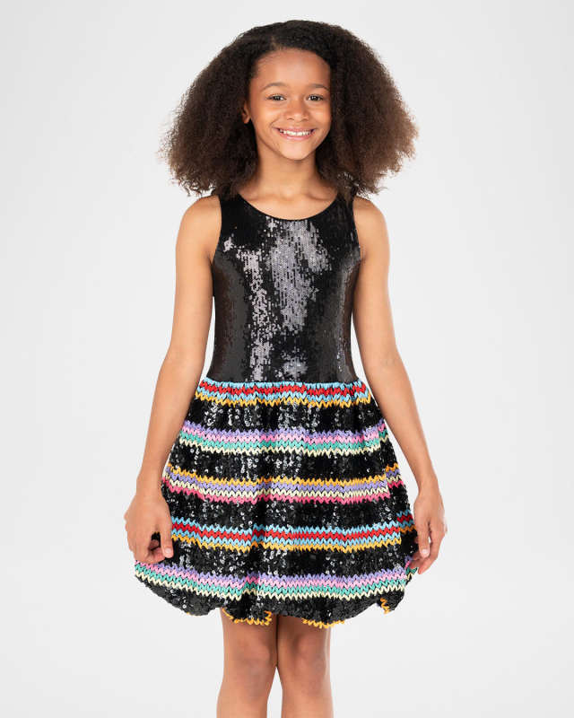 Girl's Blair Sequin Dress W/ Multicolor Zig Zag Skirt, Size 7-16