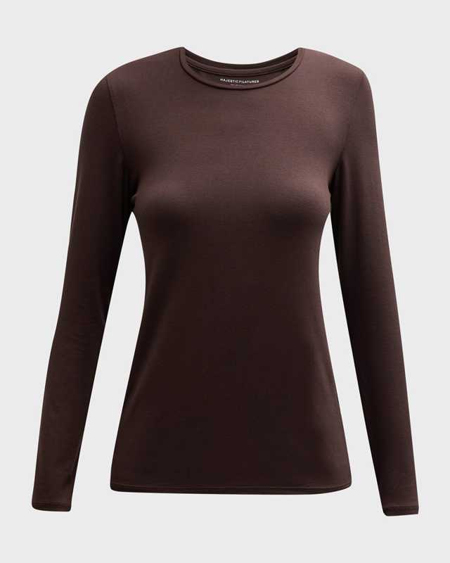 Soft Touch Flat-Edge Long-Sleeve Crewneck Top