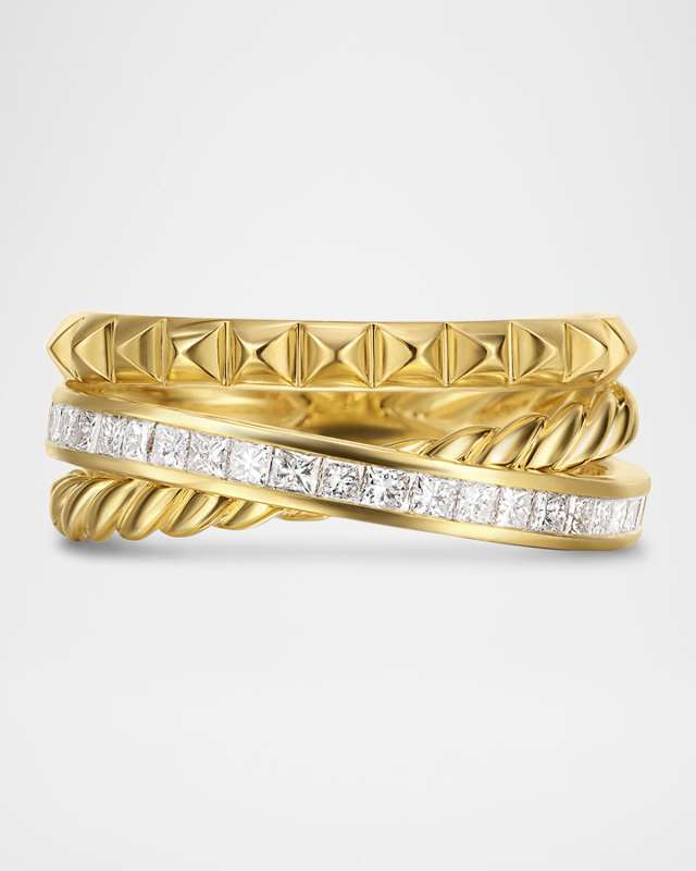 DY Crossover Trio 3-Row Ring in 18K Gold with Diamonds, 8mm