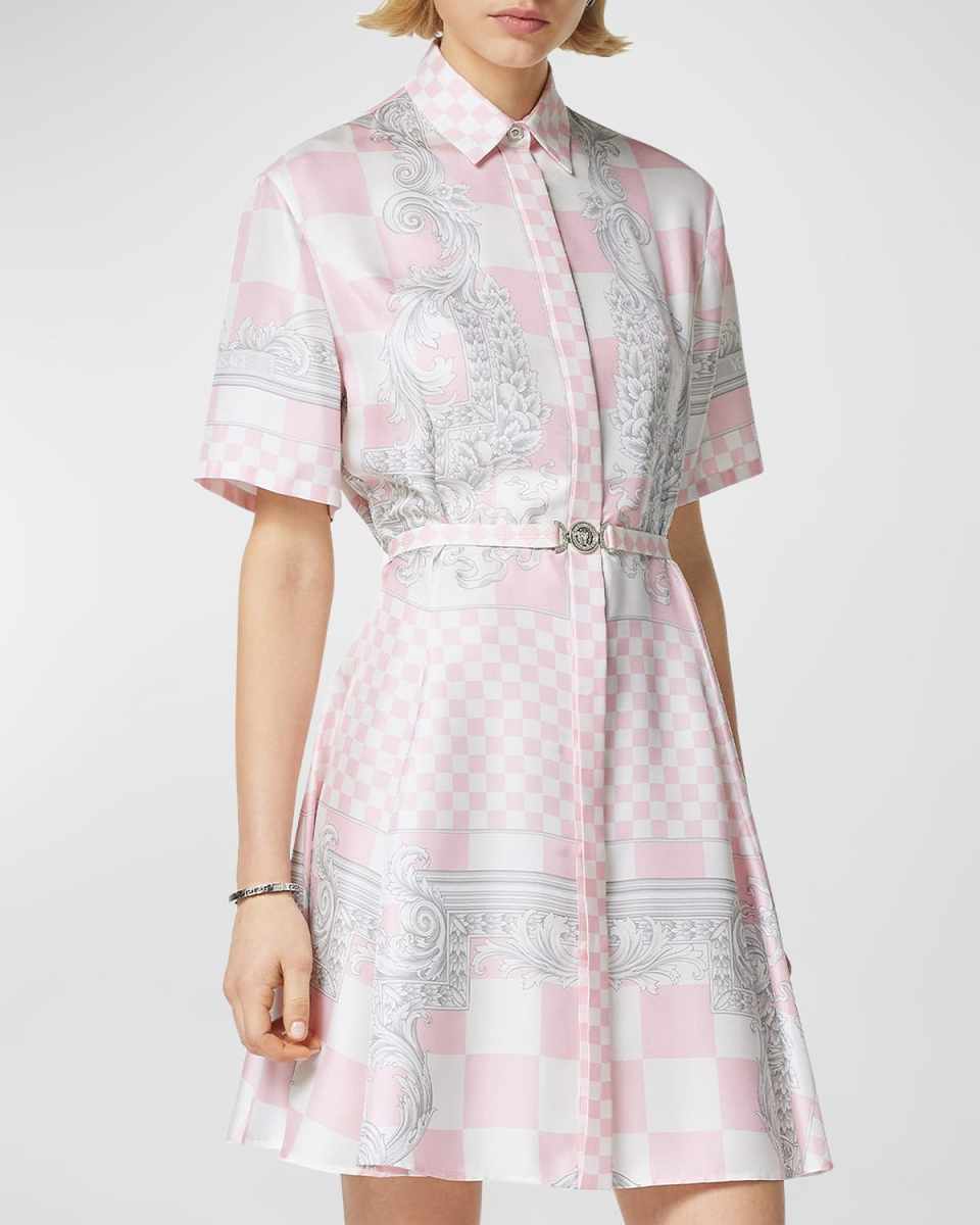 Crest Damier Print Belted Silk Mini Dress
