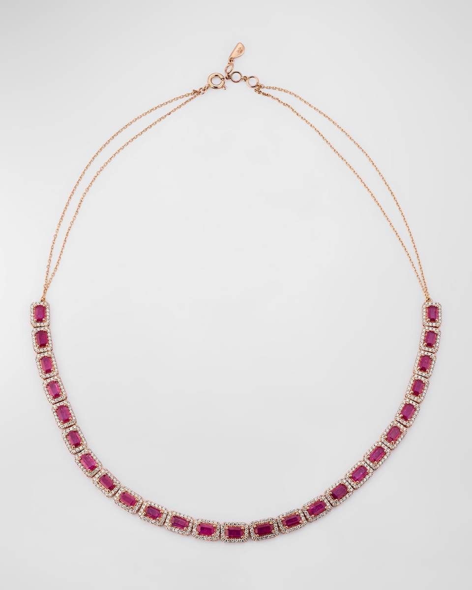 Emerald-Cut Ruby Diamond Halo Tennis Necklace