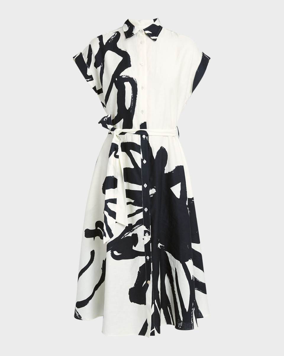 Floral-Print Belted Cap-Sleeve Midi Shirtdress
