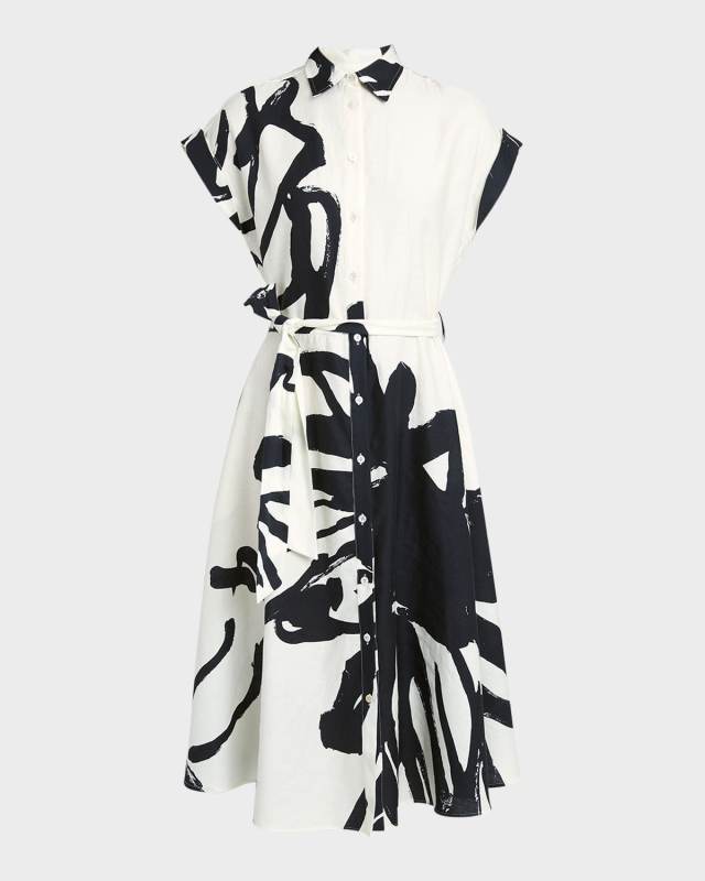 Floral-Print Belted Cap-Sleeve Midi Shirtdress