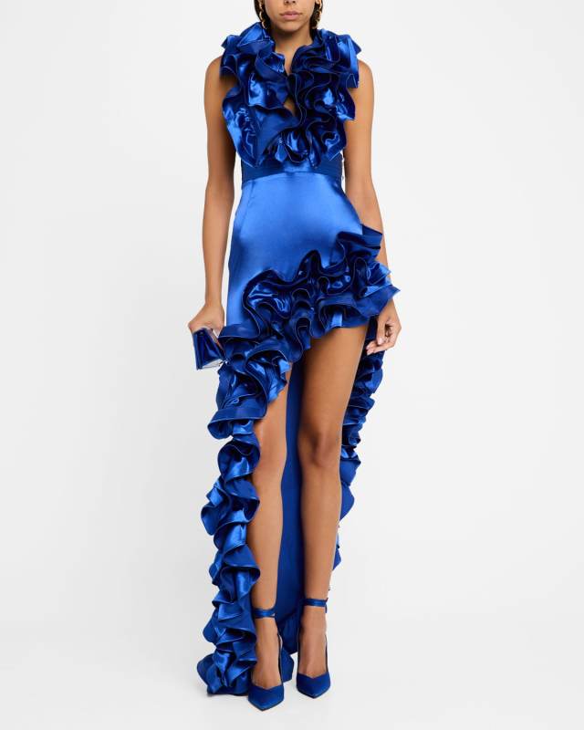 Aurora High-Low Ruffle Column Gown