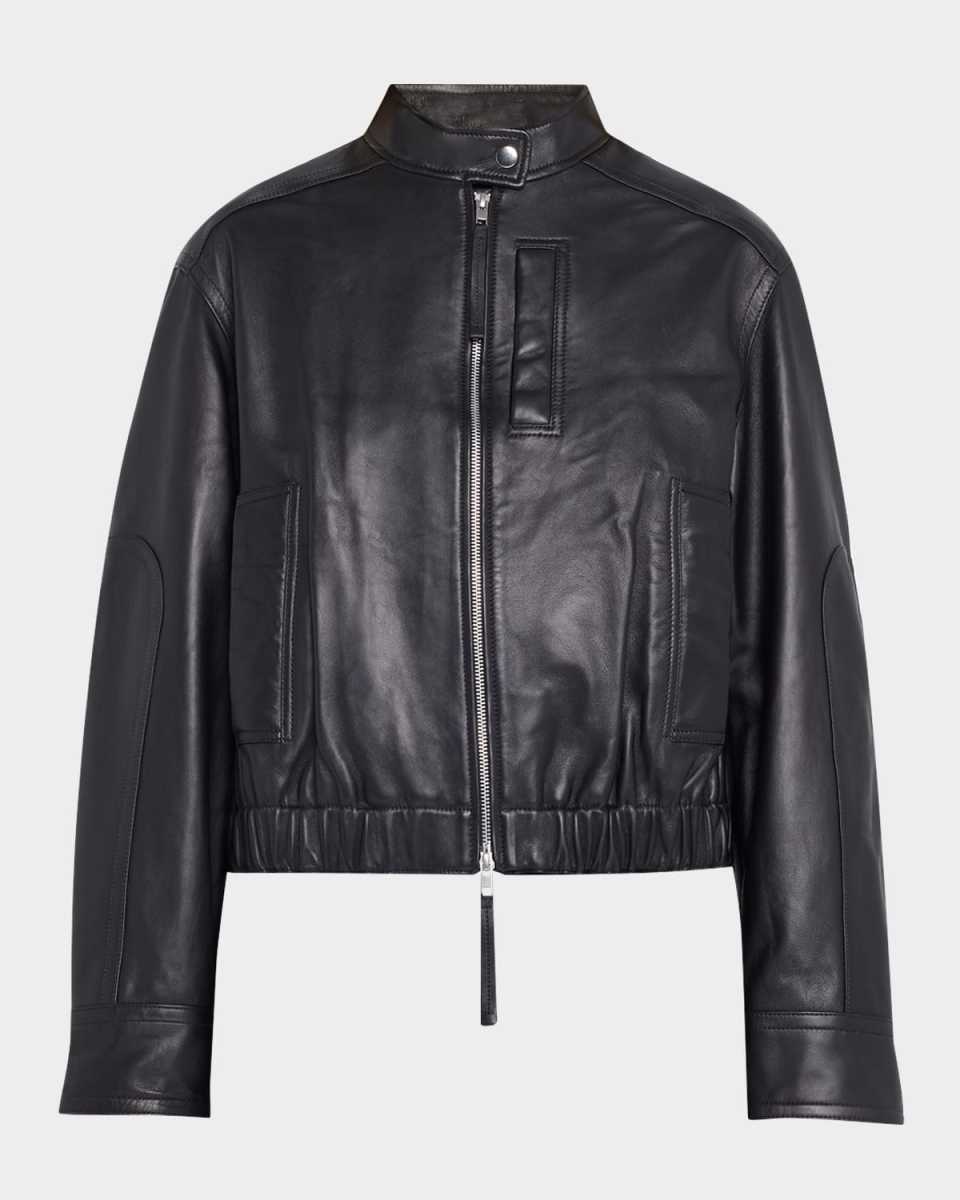 Lambskin Leather Cropped Bomber Jacket