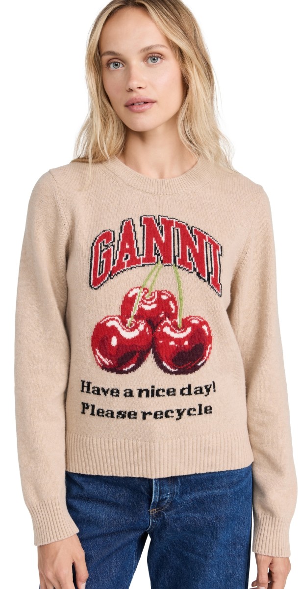 GANNI Graphic Wool Mix Cherry Crewneck Safari