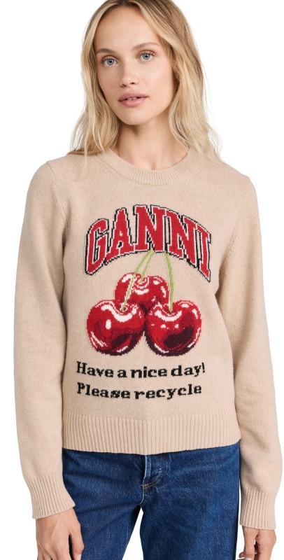 GANNI Graphic Wool Mix Cherry Crewneck Safari