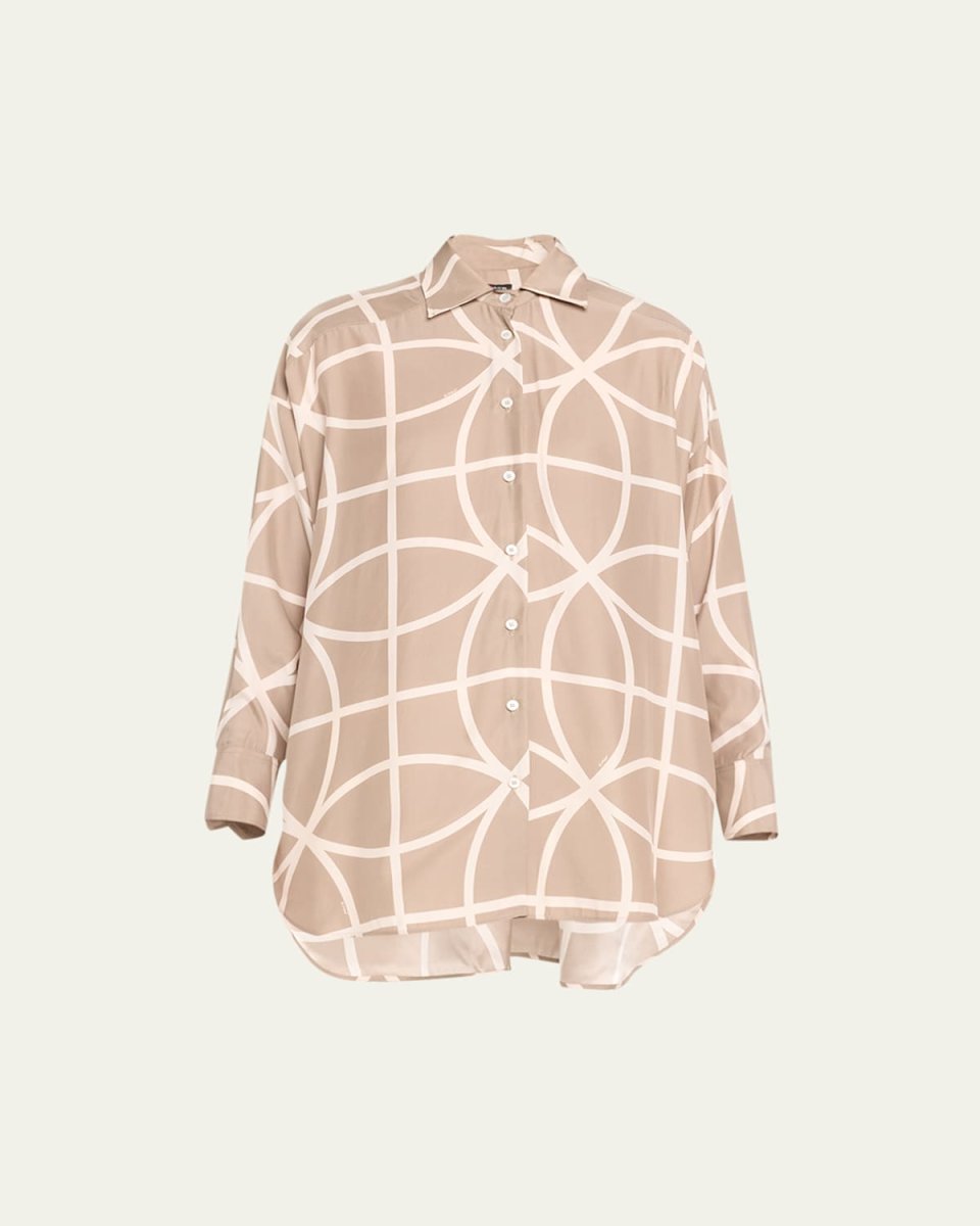 Abstract-Print Button Down Silk Blouse