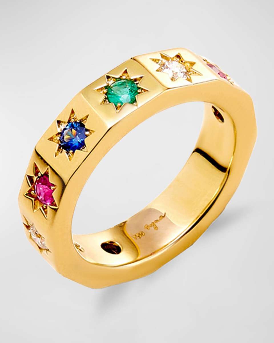 18K Yellow Gold Multicolor Star Band Ring, Size