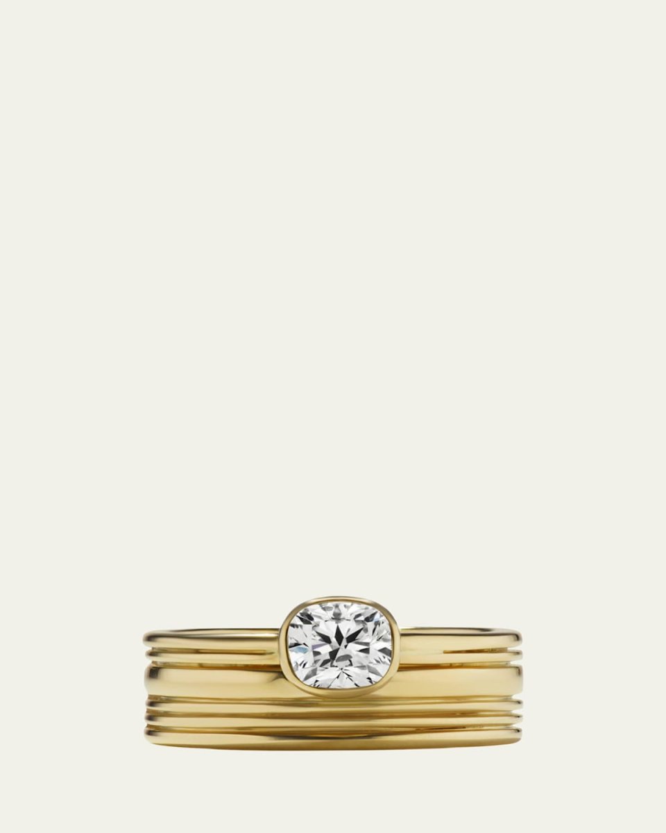 18K Yellow Gold Natural Cushion Cut White Diamond Miko Ring, Size