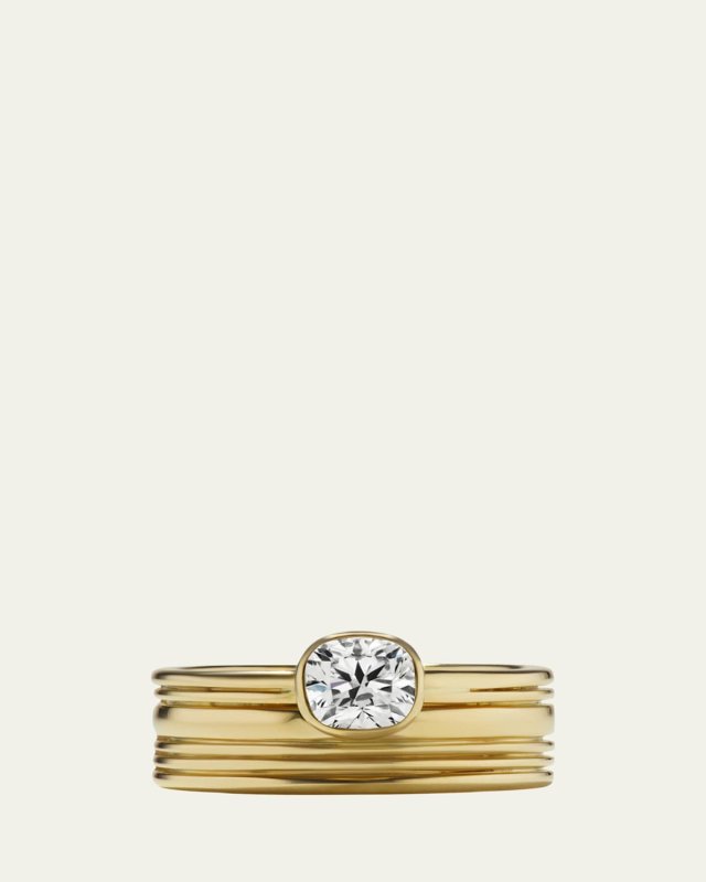 18K Yellow Gold Natural Cushion Cut White Diamond Miko Ring, Size