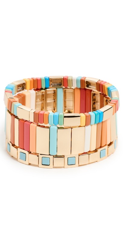 Roxanne Assoulin Enamel and Gold Tone Stretch Bracelet Set Gold Mult