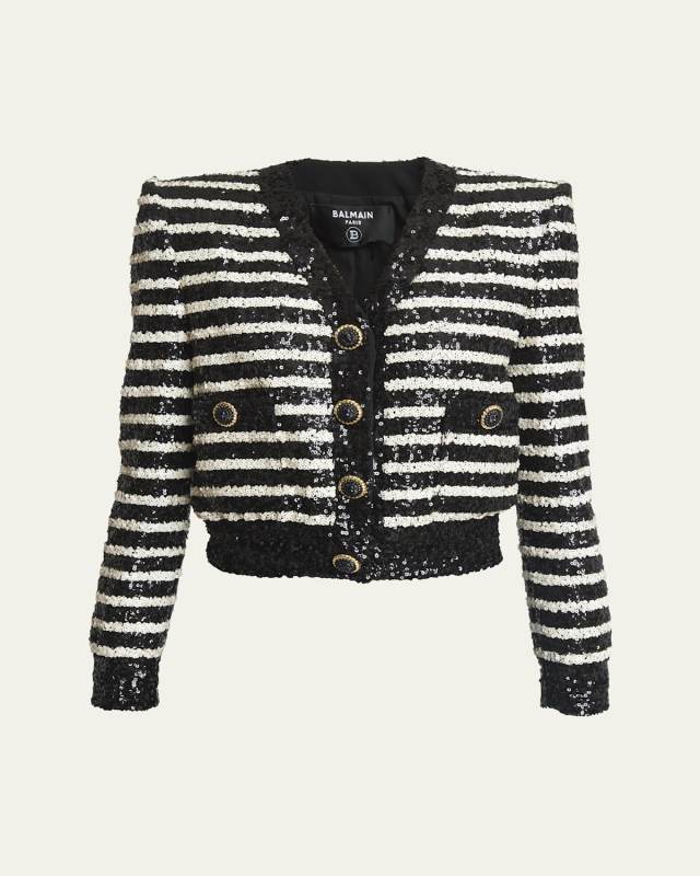 Striped Sequined Crop Jacket with Button Details