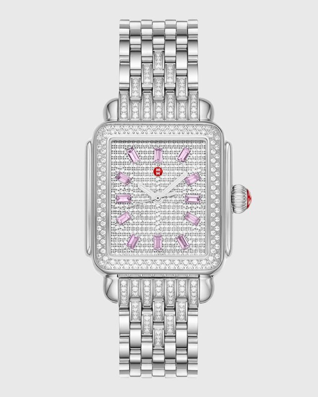 Limited Edition Deco Stainless Steel Pink Sapphire and Pave Diamond Watch