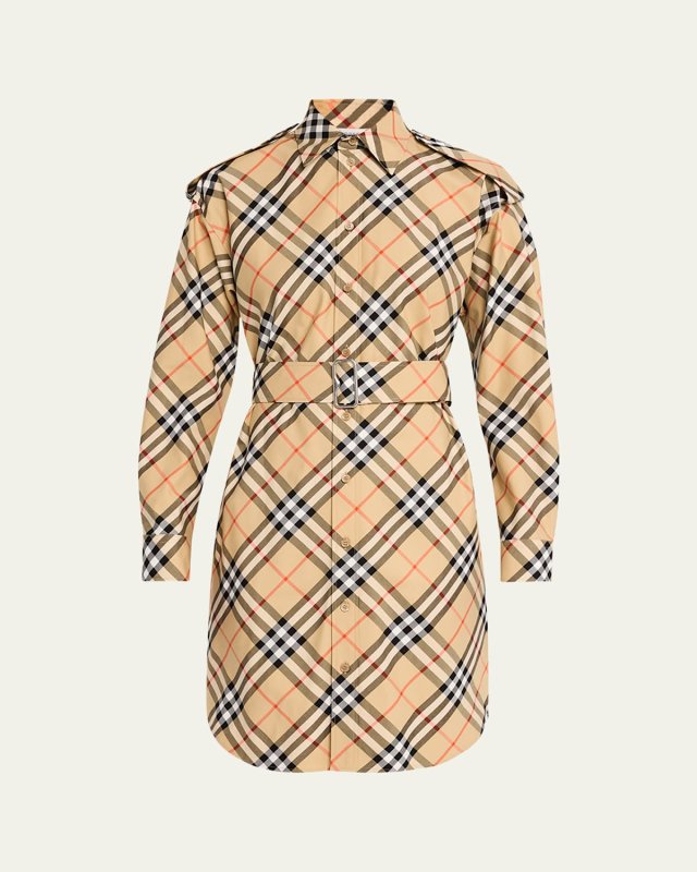 Check Belted Long-Sleeve Shirtdress
